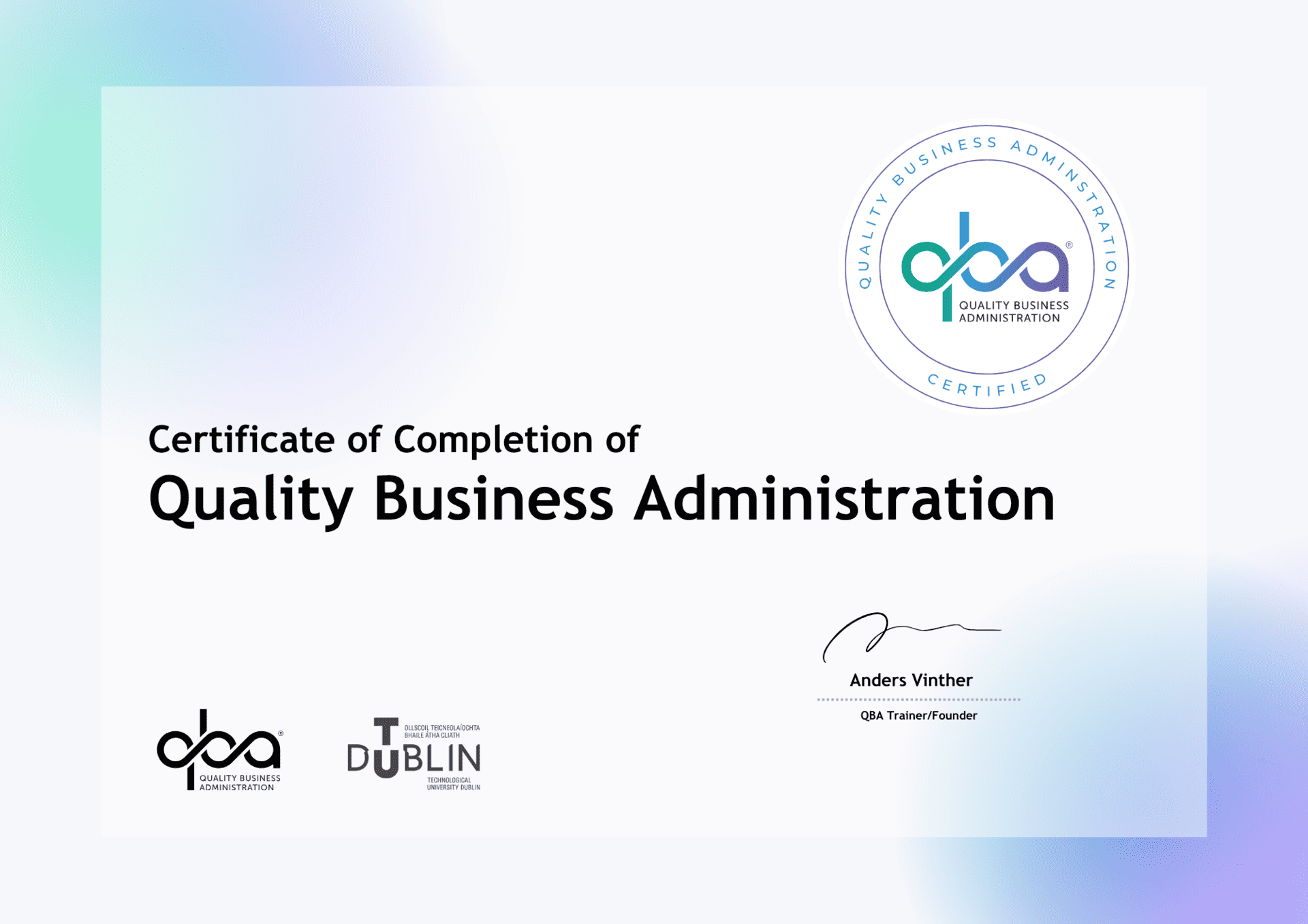Certification 65 QBA Certificate of completion example